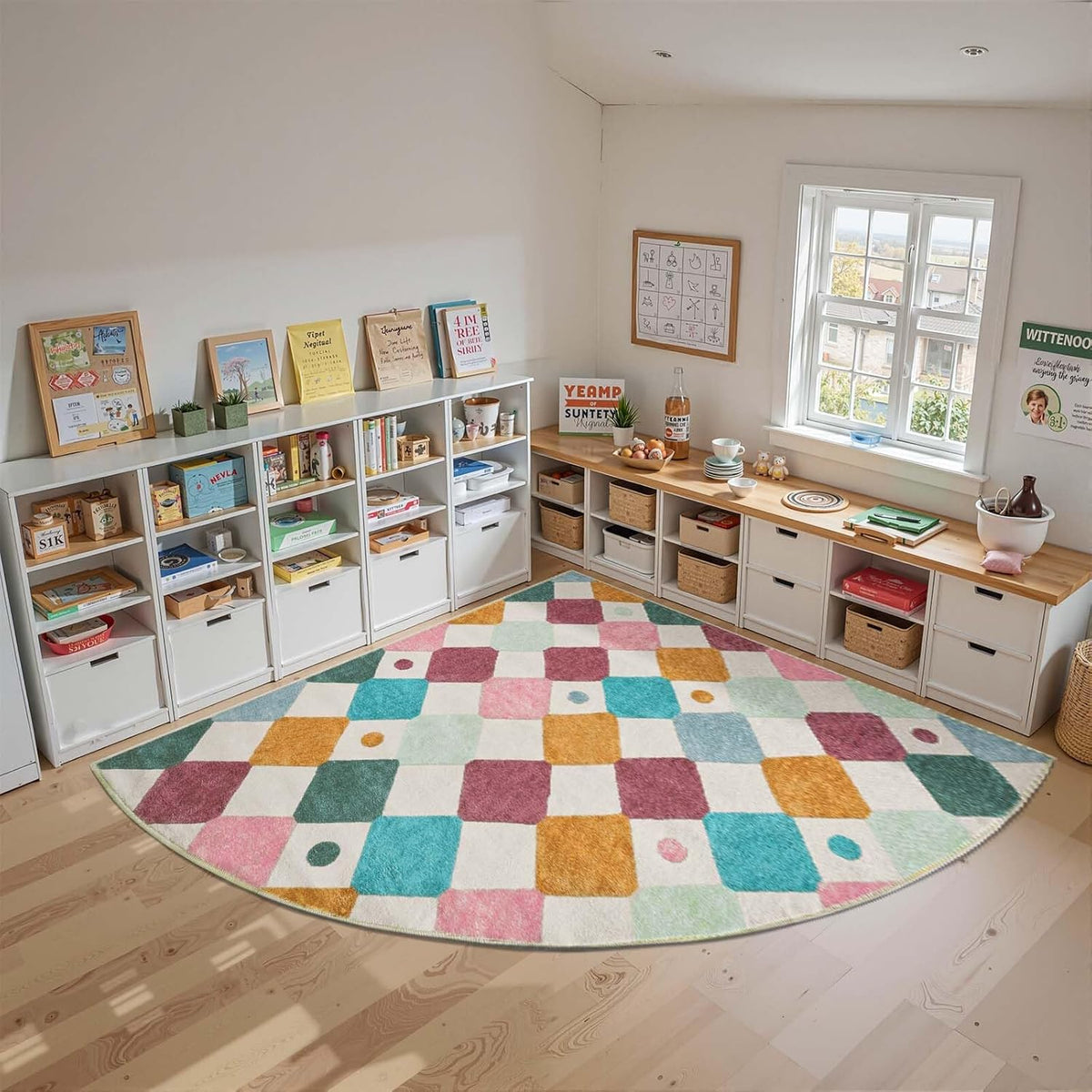 jinchan Kids Rug for Classroom 7ft Radius Corner Washable Area Rug Modern Colorful Quarter Circle