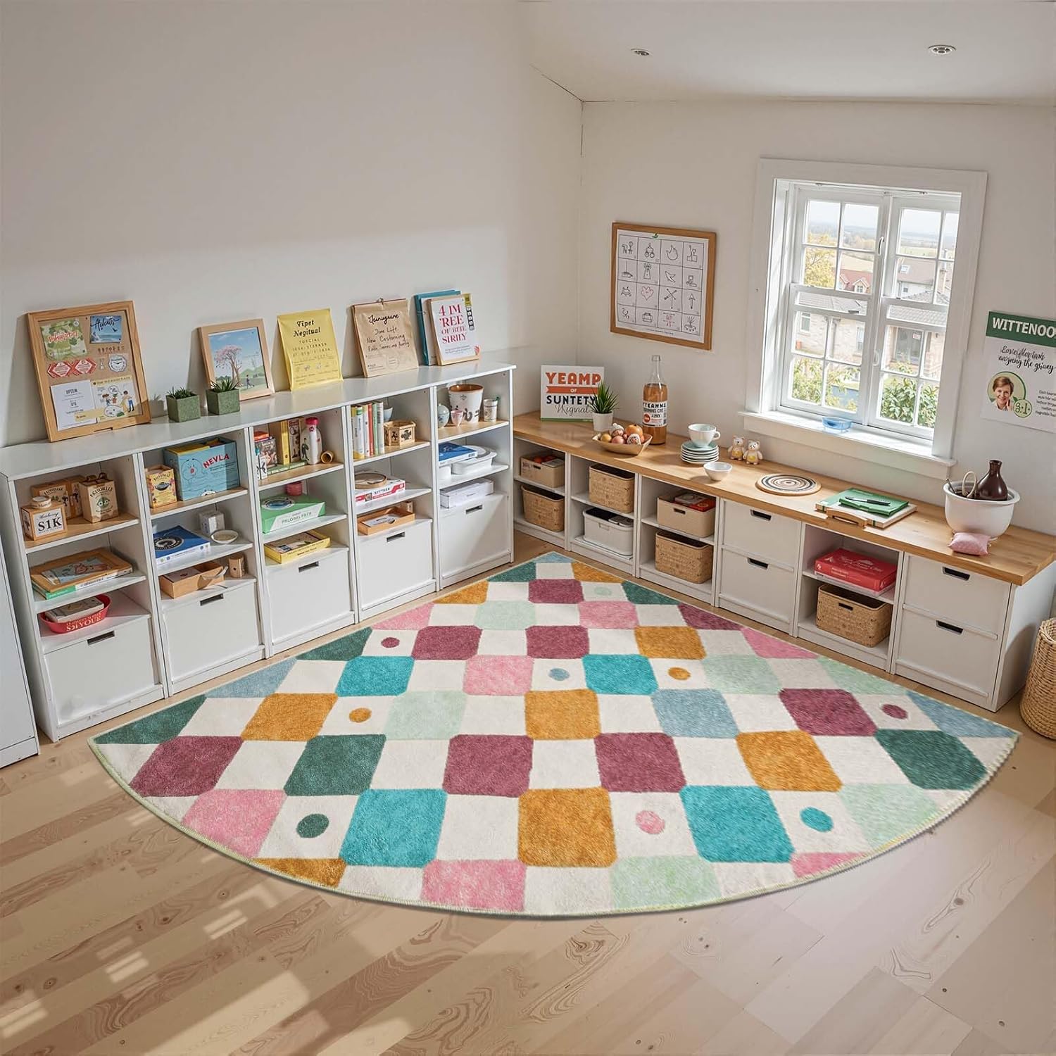 jinchan Kids Rug for Classroom 7ft Radius Corner Washable Area Rug Modern Colorful Quarter Circle