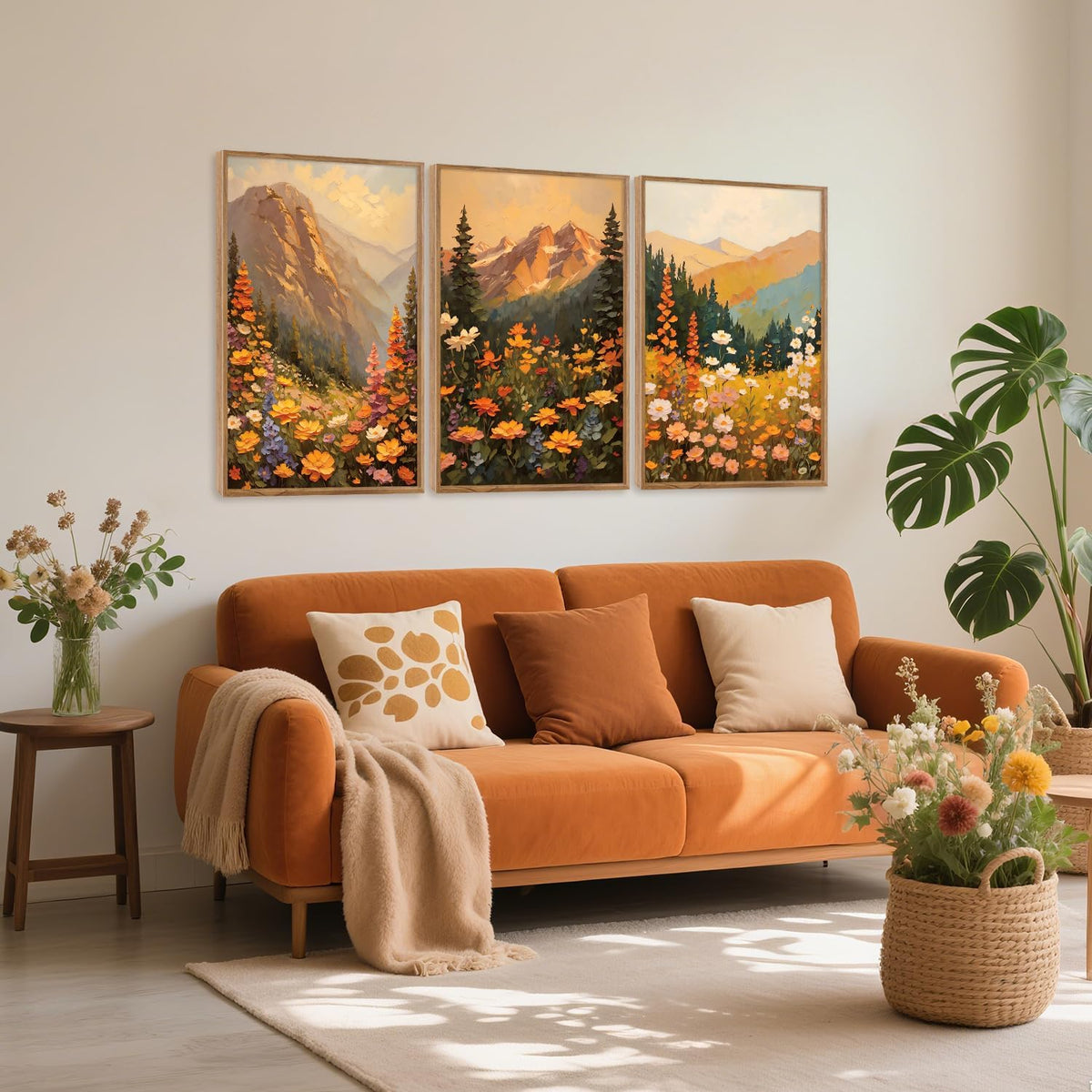 Aurlan Boho Mountain Sunset Landscape Framed Wall Art(16"x24"), 3PCS Large Wildflowers Meadow