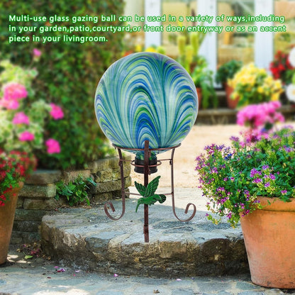 10" Diameter Gazing Ball with 8.5" Metal Stand Indoor Outdoor Glass Globe Sphere Festive Decor Yard
