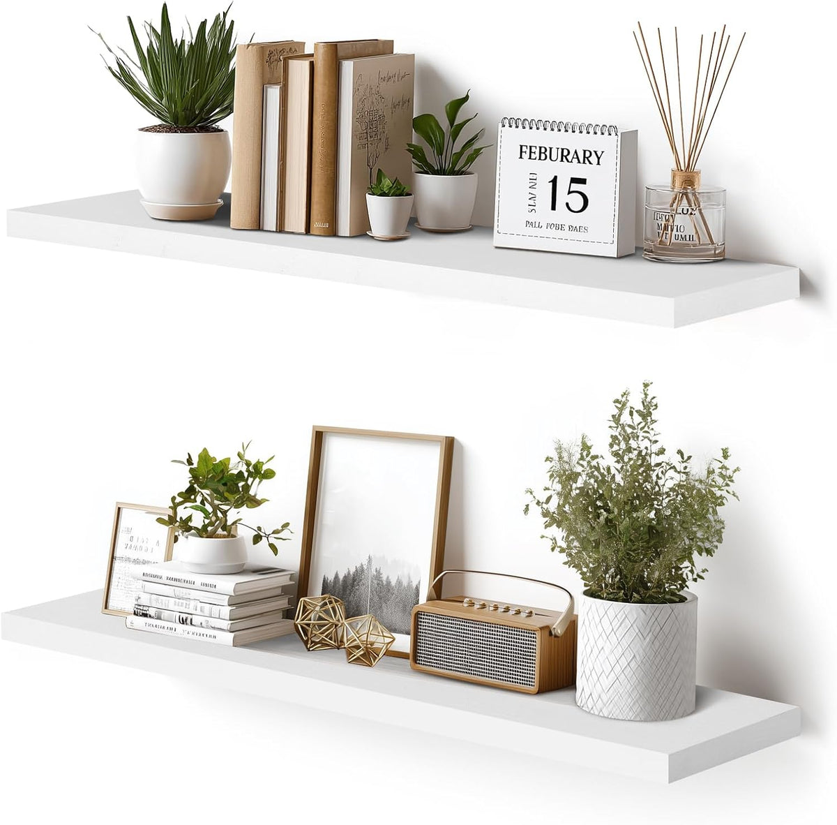 Floating Wall Shelves 2-Pack - 36-Inch Rustic White Wooden Shelves for Storage and Décor, Easy