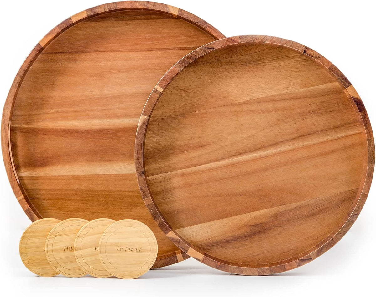 Round Wood Serving Trays Set of 2, Ottoman Tray Rustic Acacia Wooden Trays with Handles, Nesting