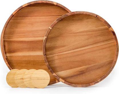 Round Wood Serving Trays Set of 2, Ottoman Tray Rustic Acacia Wooden Trays with Handles, Nesting