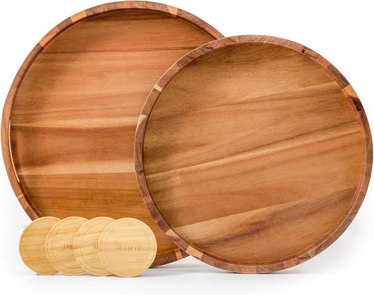 Round Wood Serving Trays Set of 2, Ottoman Tray Rustic Acacia Wooden Trays with Handles, Nesting