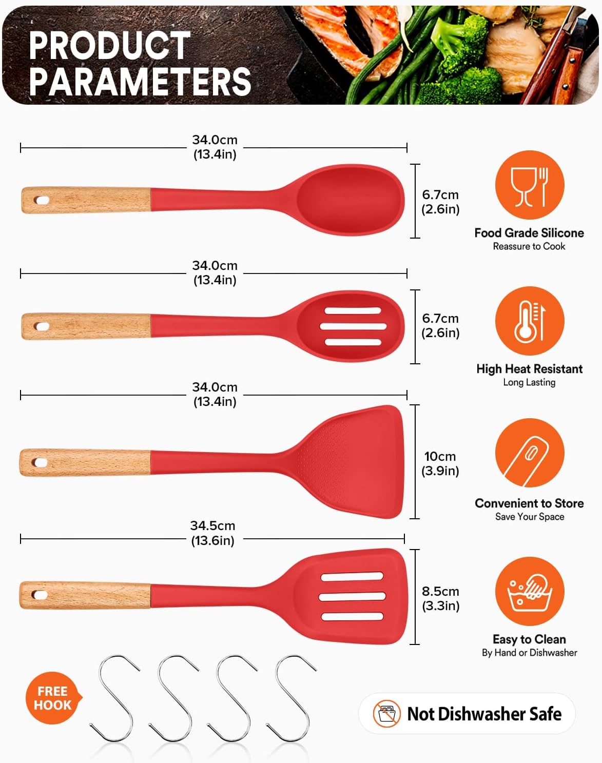 Silicone Cooking Utensils Set, Perfectly Angled for Frying, Mixing,Serving,Draining,Turning and