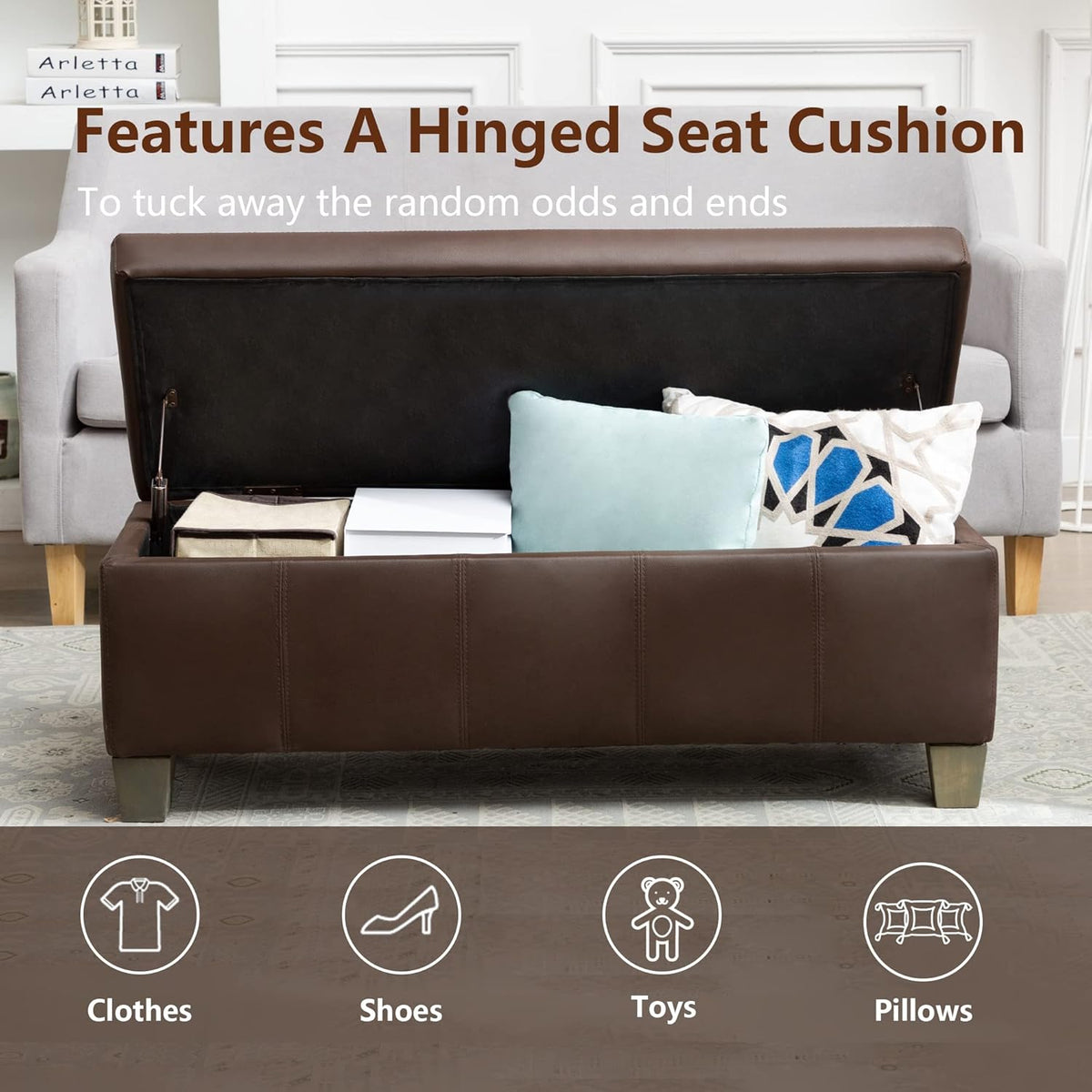 Brown Faux Leather Ottoman with Storage, Rectangular Extra Long Storage Bench for Bedroom and