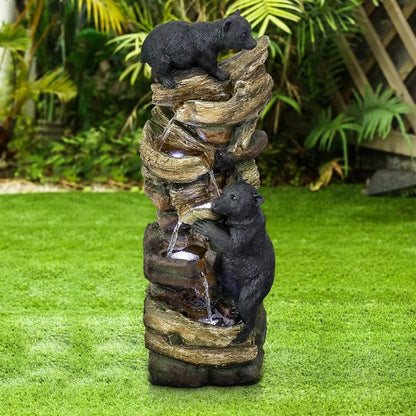 39.3 Inch 5 Tier Outdoor Garden Water Fountain Bears Climbing Tree Resin Fountain with LED Lights