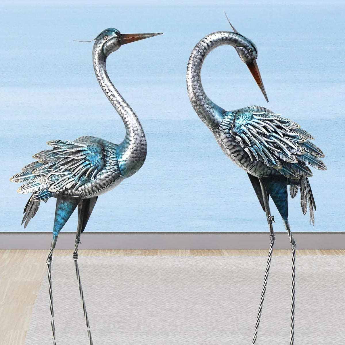 Crane Decor Statues, Blue Heron Garden Statues Metal Yard Art Outdoor Decoy, Garden Sculptures for