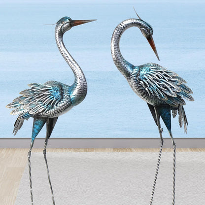 Crane Decor Statues, Blue Heron Garden Statues Metal Yard Art Outdoor Decoy, Garden Sculptures for