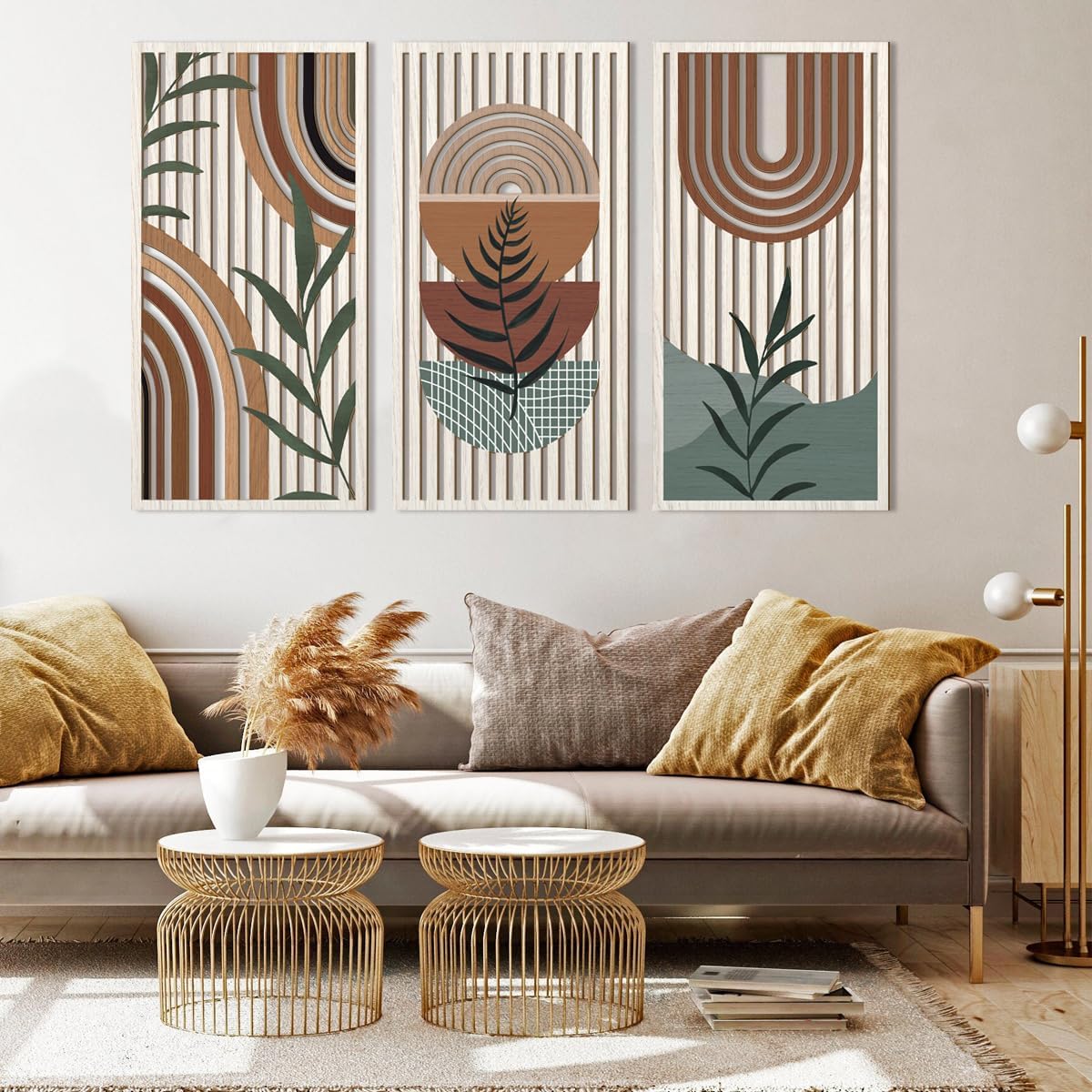 IARTTOP Large Abstract Geometric Wood Boho Wall Art Boho Wall Decor Set Mid Century Modern Wooden