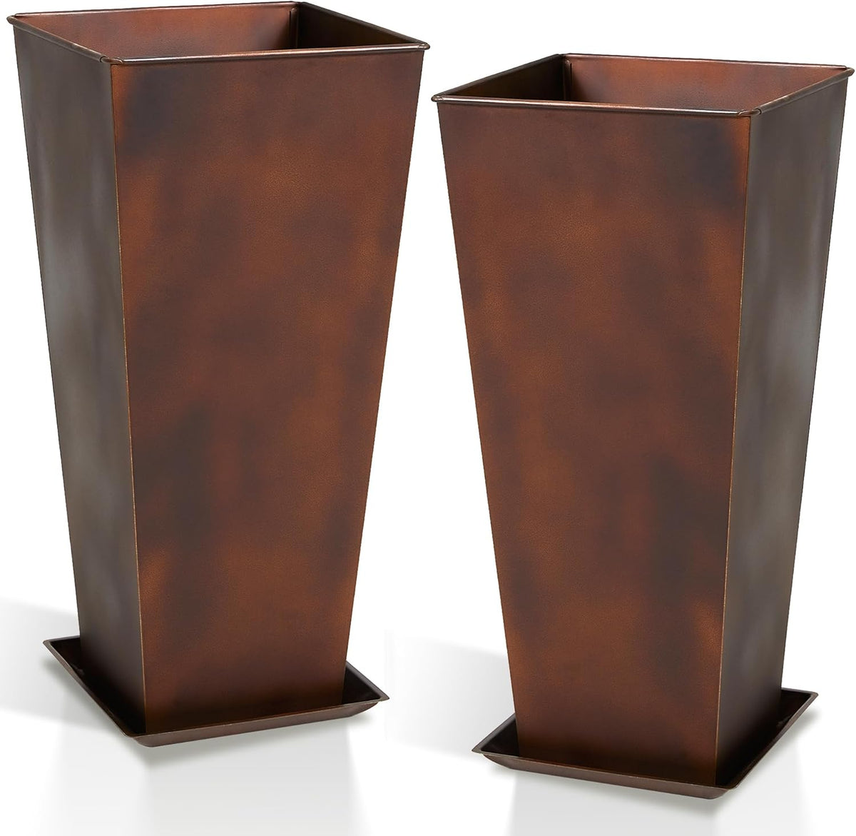 WORTH Garden 12" Dia x 25" H Large Metal Planter Set of 2, Matte Bronze Retro Finish Tall Square