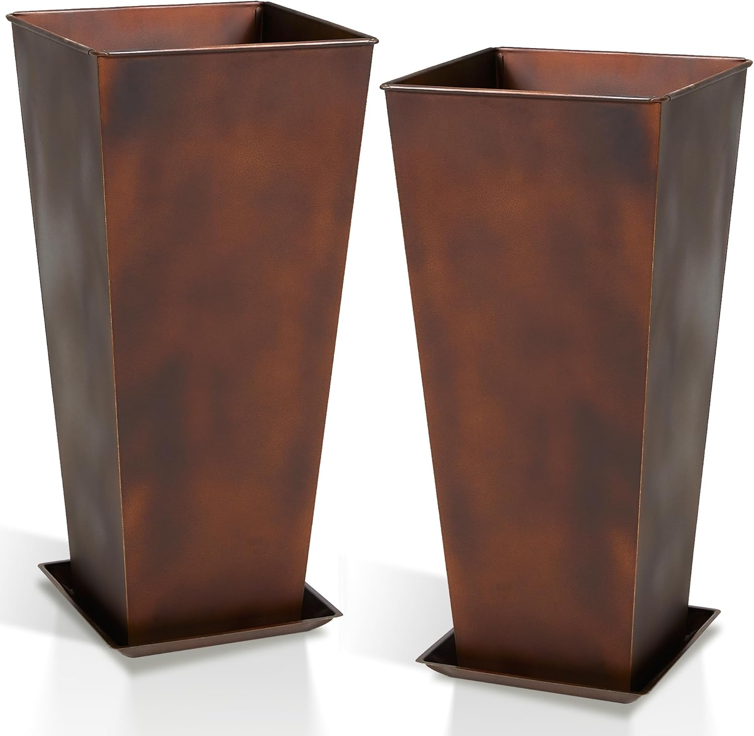 Worth Garden 12" Dia x 28" H Large Metal Planter Set of 2, Matte Bronze Retro Finish Tall Square