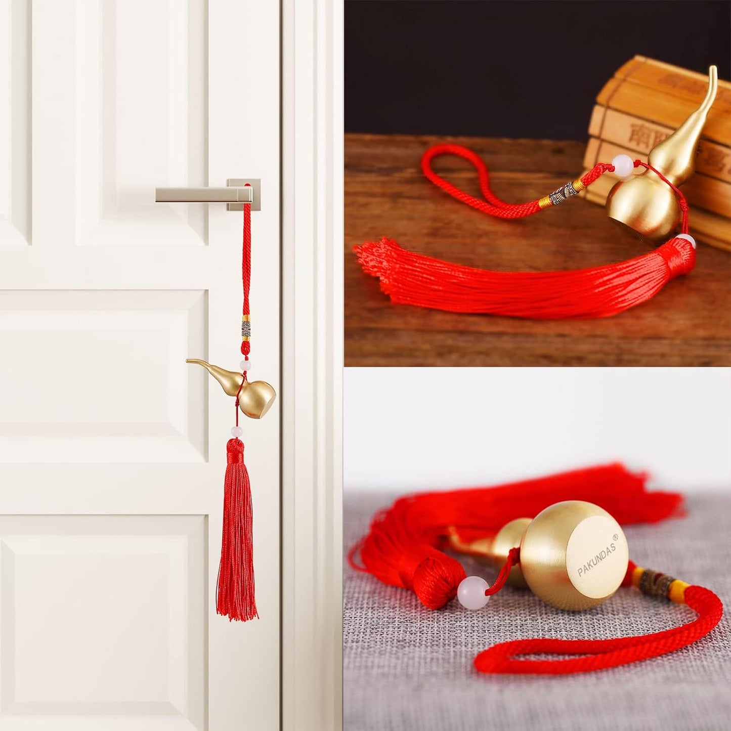 Feng Shui Brass Wu Lou Golden Gourd with Red Luck Strip Treasure Pendant for Bedroom,Car Hanging