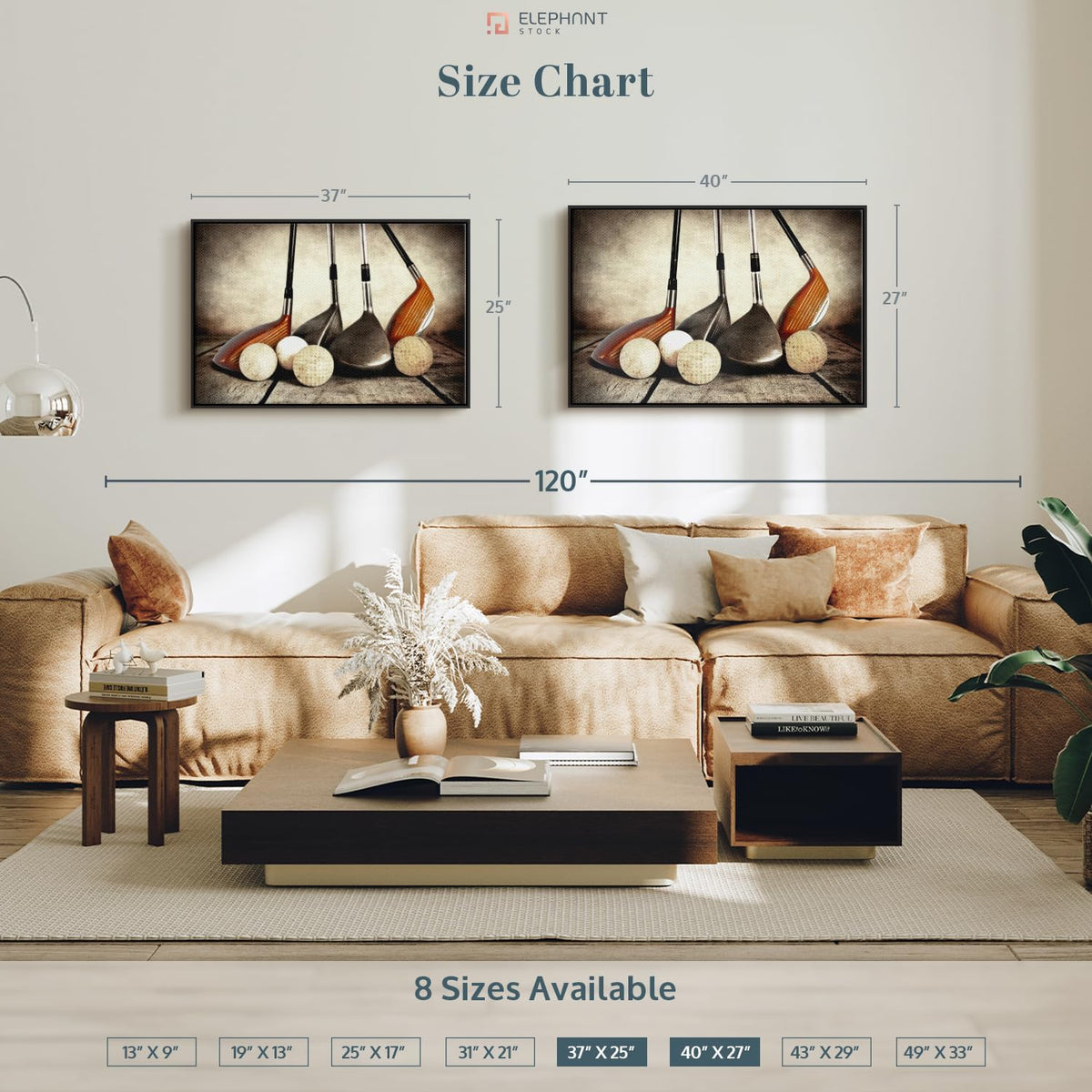 Elephant Stock Golf Sets Wall Art - Horizontal Framed Canvas - 1-Piece Mancave Wall Decor