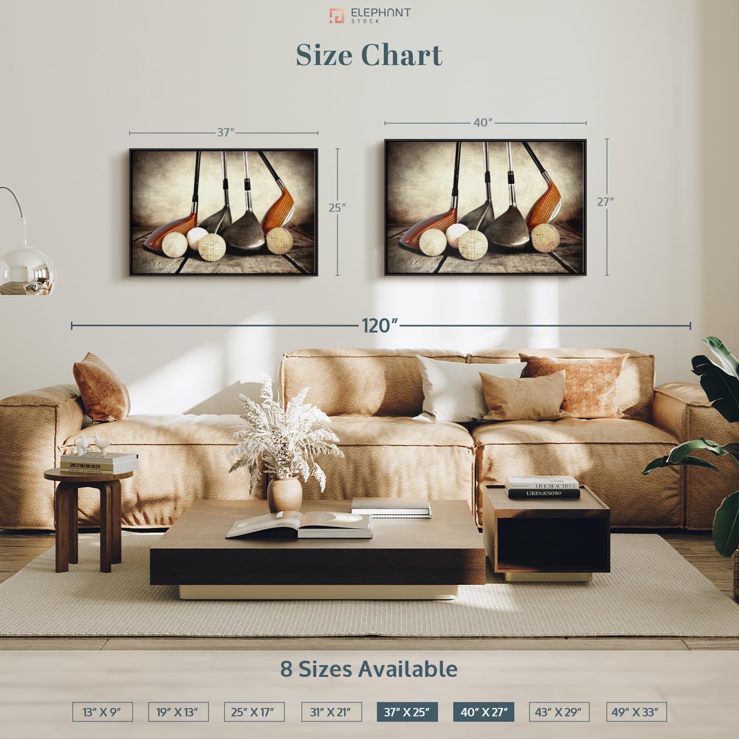Elephant Stock Golf Sets Wall Art - Horizontal Framed Canvas - 1-Piece Mancave Wall Decor