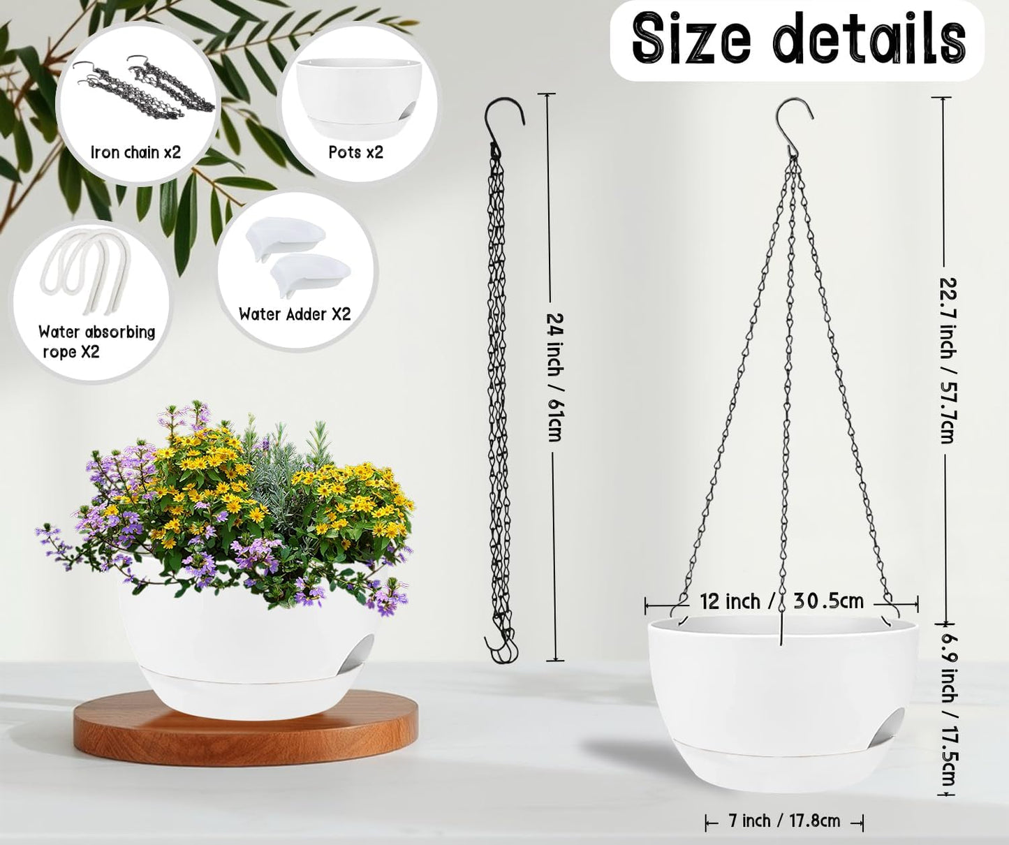 2 Pack 12 Inch Large Hanging Planters with Chains Self Watering White Plastic Hanging Pots for