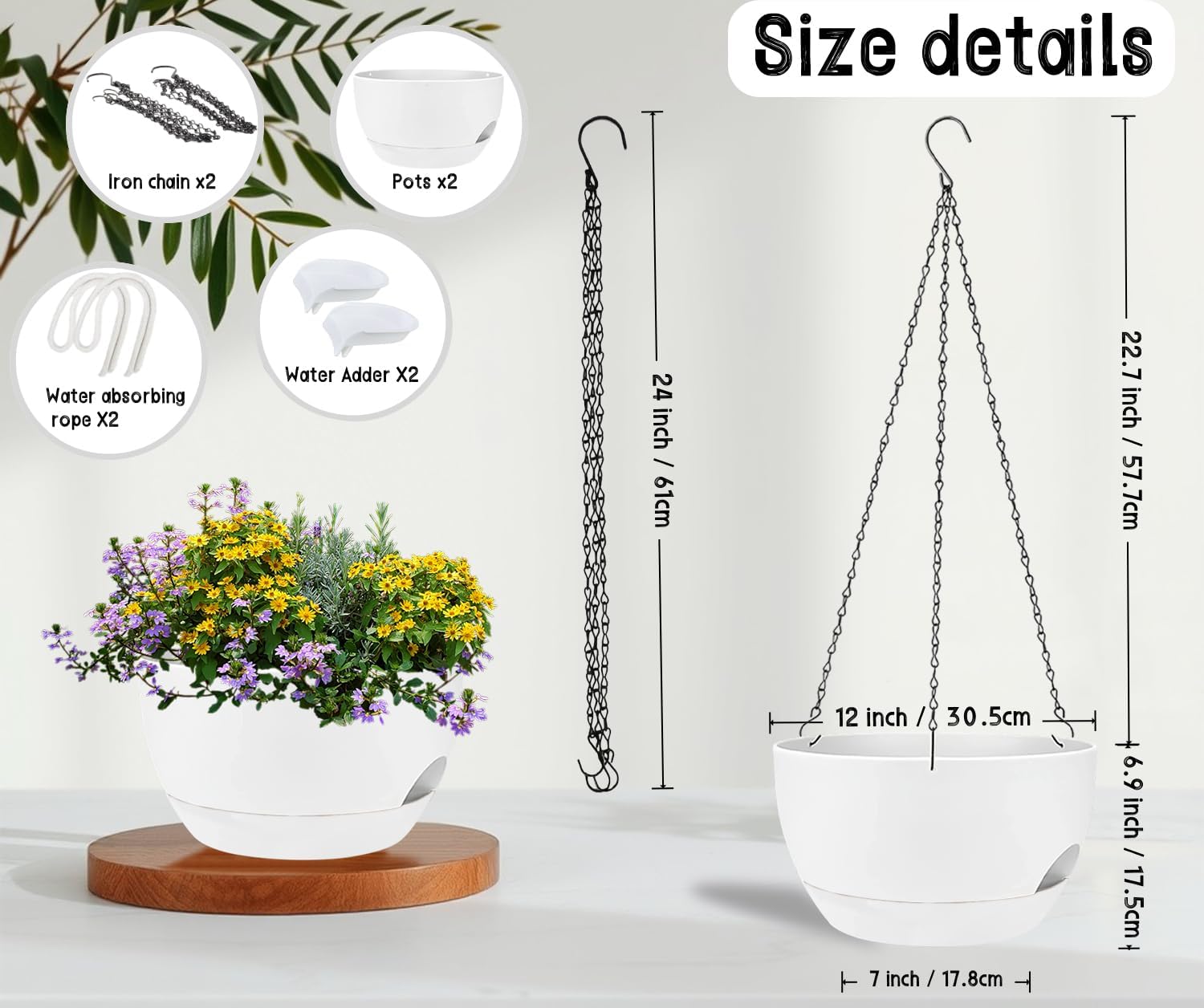 2 Pack 12 Inch Large Hanging Planters with Chains Self Watering White Plastic Hanging Pots for