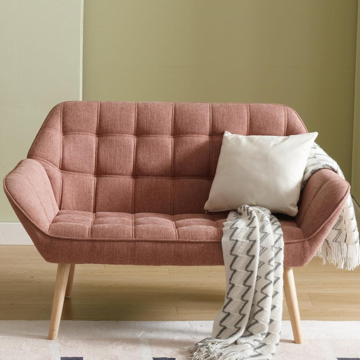 48”Small Loveseat Sofa, Modern Linen Upholstered Mini Couch 2-Seater Fluffy Love Seat with Quilting