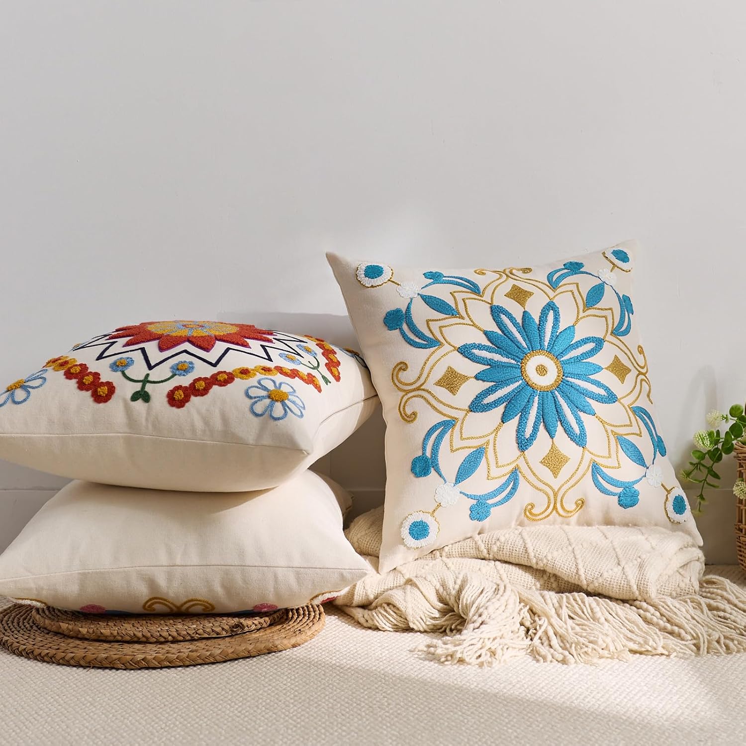 Embroidered Throw Pillow Cover 18x18 Classic Boho Floral Pattern Pillows Cover Outdoor Decorative