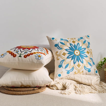 Embroidered Throw Pillow Cover 18x18 Classic Boho Floral Pattern Pillows Cover Outdoor Decorative