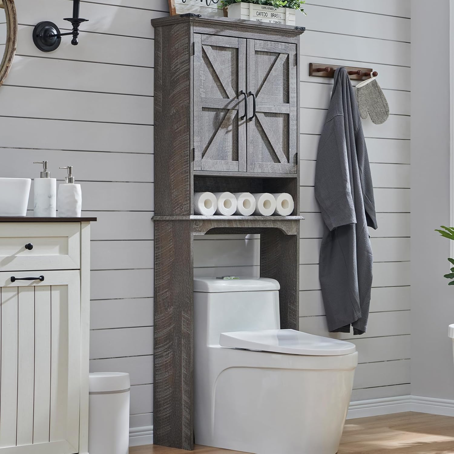 Over The Toilet Storage Cabinet, Farmhouse Bathroom Cabinet with Adjustable Shelf & Barn Door, 67"