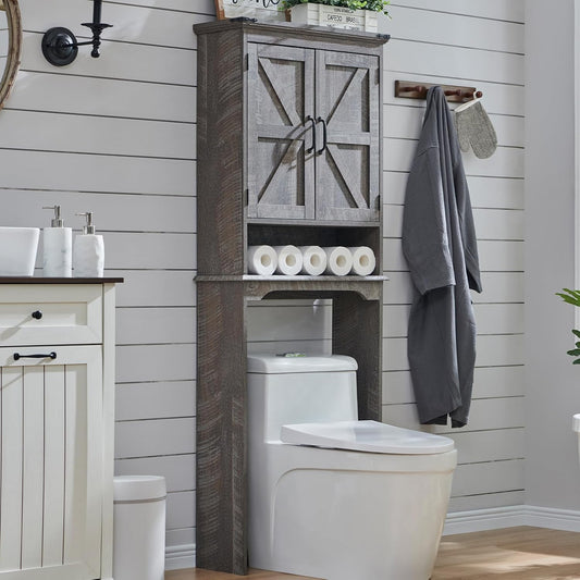 Over The Toilet Storage Cabinet, Farmhouse Bathroom Cabinet with Adjustable Shelf & Barn Door, 67"