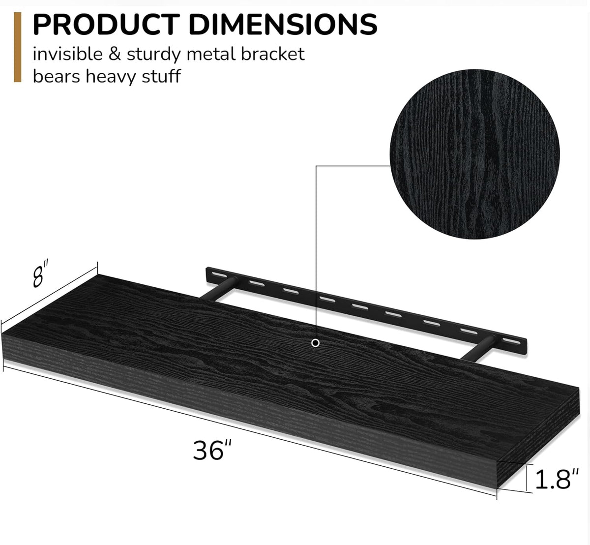Fun Memories 36 Inch Floating Shelves - Deep Rustic Black Wooden Wall Shelves - Extra Deeper &