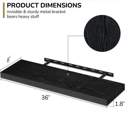 Fun Memories 36 Inch Floating Shelves - Deep Rustic Black Wooden Wall Shelves - Extra Deeper &