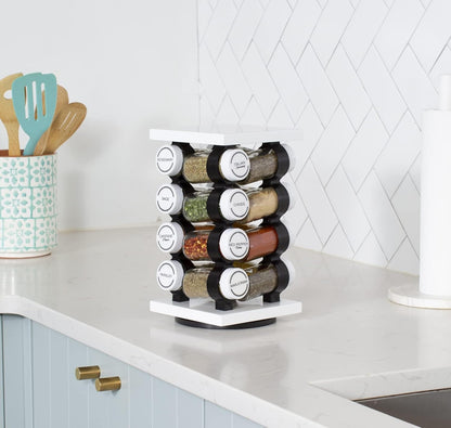 Orii Spice Rack 16 Jar Set White Filled with Spices - Rotating Standing Rack Shelf Holder &