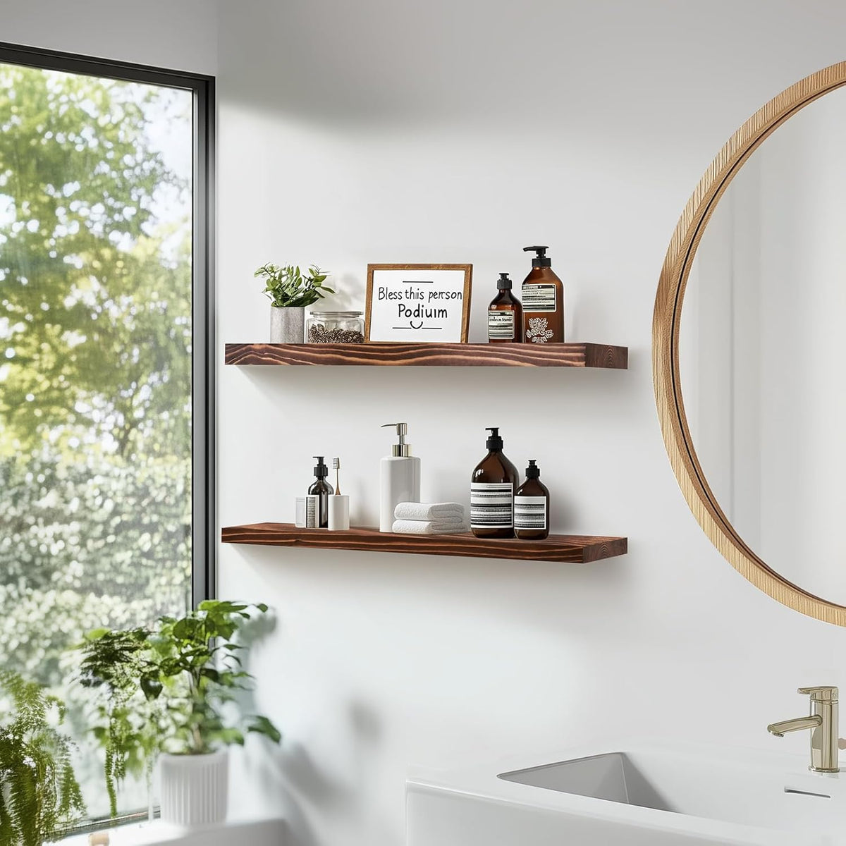 Floating Wall Shelves 2-Pack - 24-Inch Rustic Brown Wooden Shelves for Storage and Décor, Easy