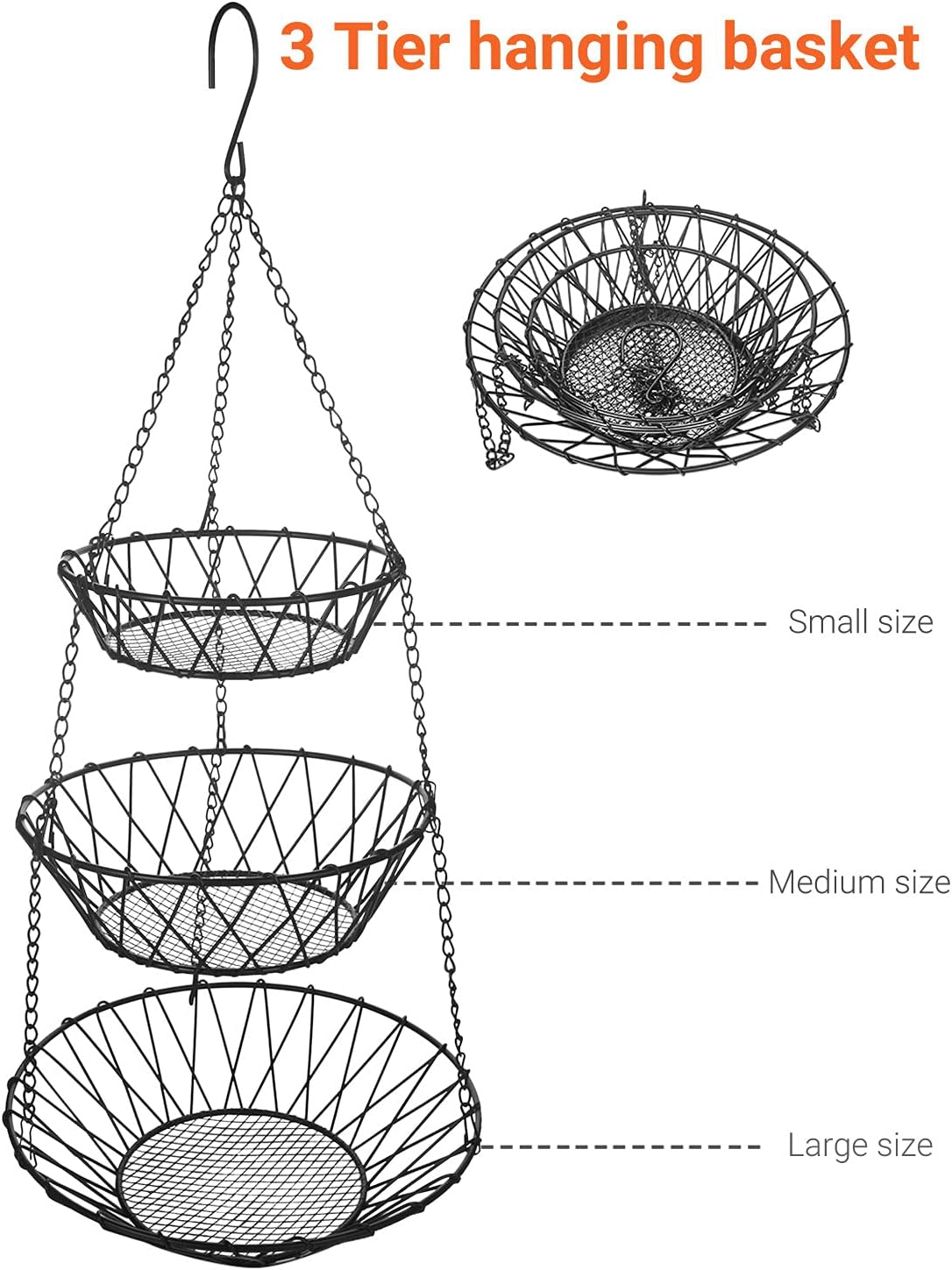 3 Tier Hanging Basket with Sturdy Metal Chain Hanging Hooks Fruit and Vegetable Basket Heavy Duty