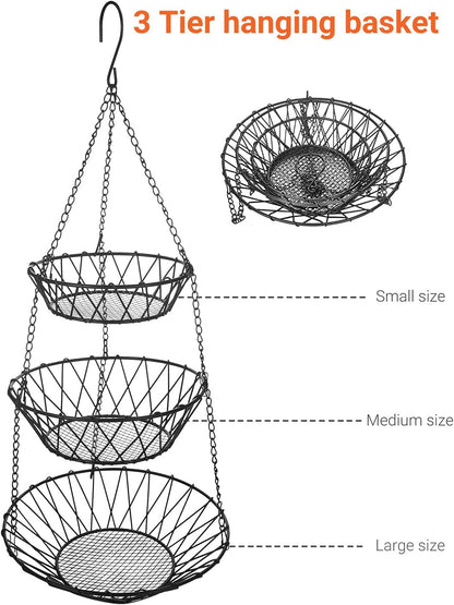3 Tier Hanging Basket with Sturdy Metal Chain Hanging Hooks Fruit and Vegetable Basket Heavy Duty