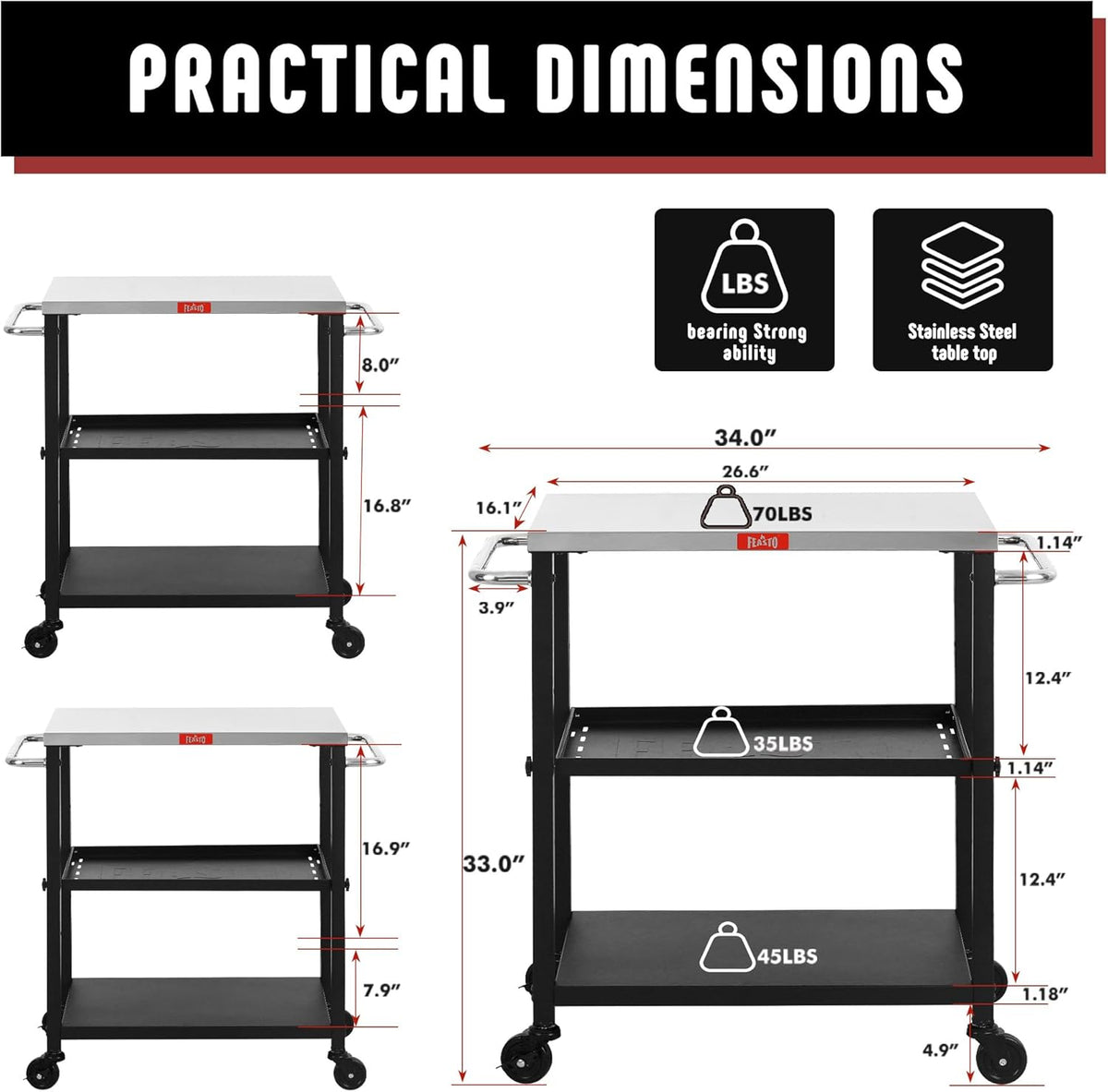 3-Shelf Grill Table,Pizza Oven Stand with Adjustable Shelf, Movable Grill Cart, for Outside,Outdoor