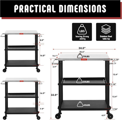 3-Shelf Grill Table,Pizza Oven Stand with Adjustable Shelf, Movable Grill Cart, for Outside,Outdoor