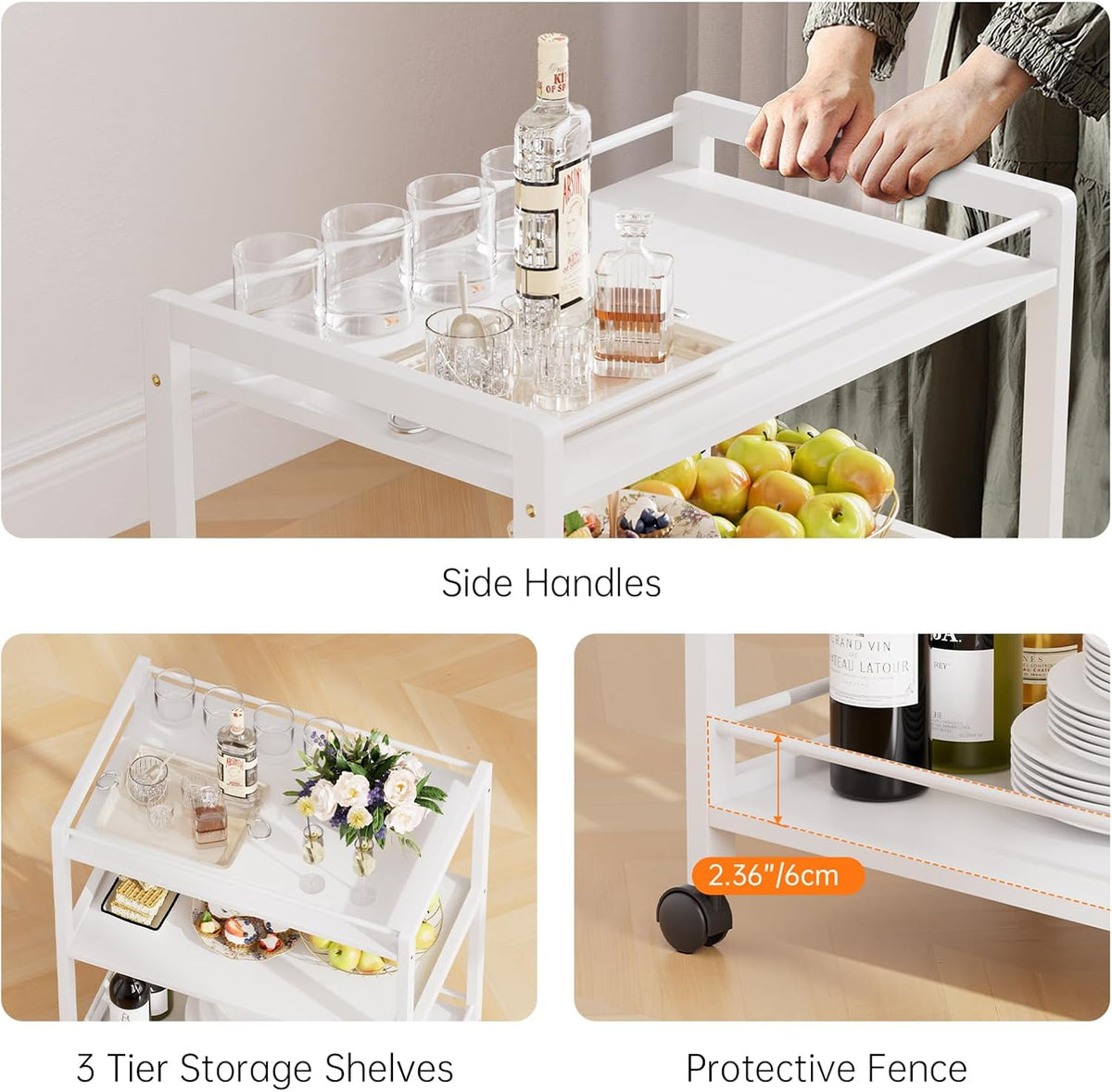 HITNET White Bar Cart, Home Bar Serving Cart, Kitchen Trolley on Wheels with Storage, 3 Tier