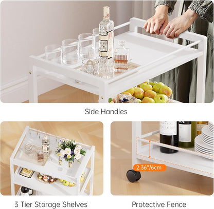 HITNET White Bar Cart, Home Bar Serving Cart, Kitchen Trolley on Wheels with Storage, 3 Tier