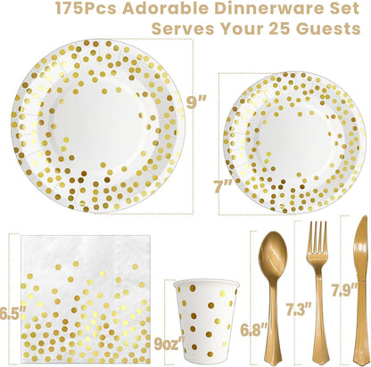 AIRE 175PCS White and Gold Paper Plates Party Supplies for 25 Guests Party Decorations Disposable