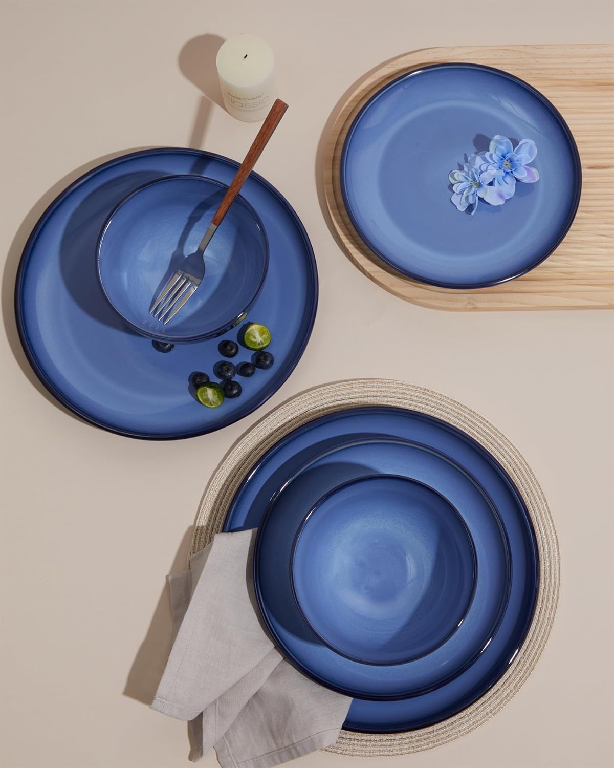 Blue Stoneware Dinnerware Set, 12 pcs Reactive Glaze Plates and Bowls Sets, Handmade Round Dishes