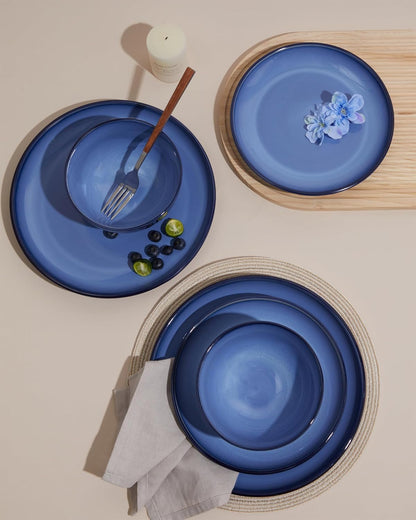 Blue Stoneware Dinnerware Set, 12 pcs Reactive Glaze Plates and Bowls Sets, Handmade Round Dishes
