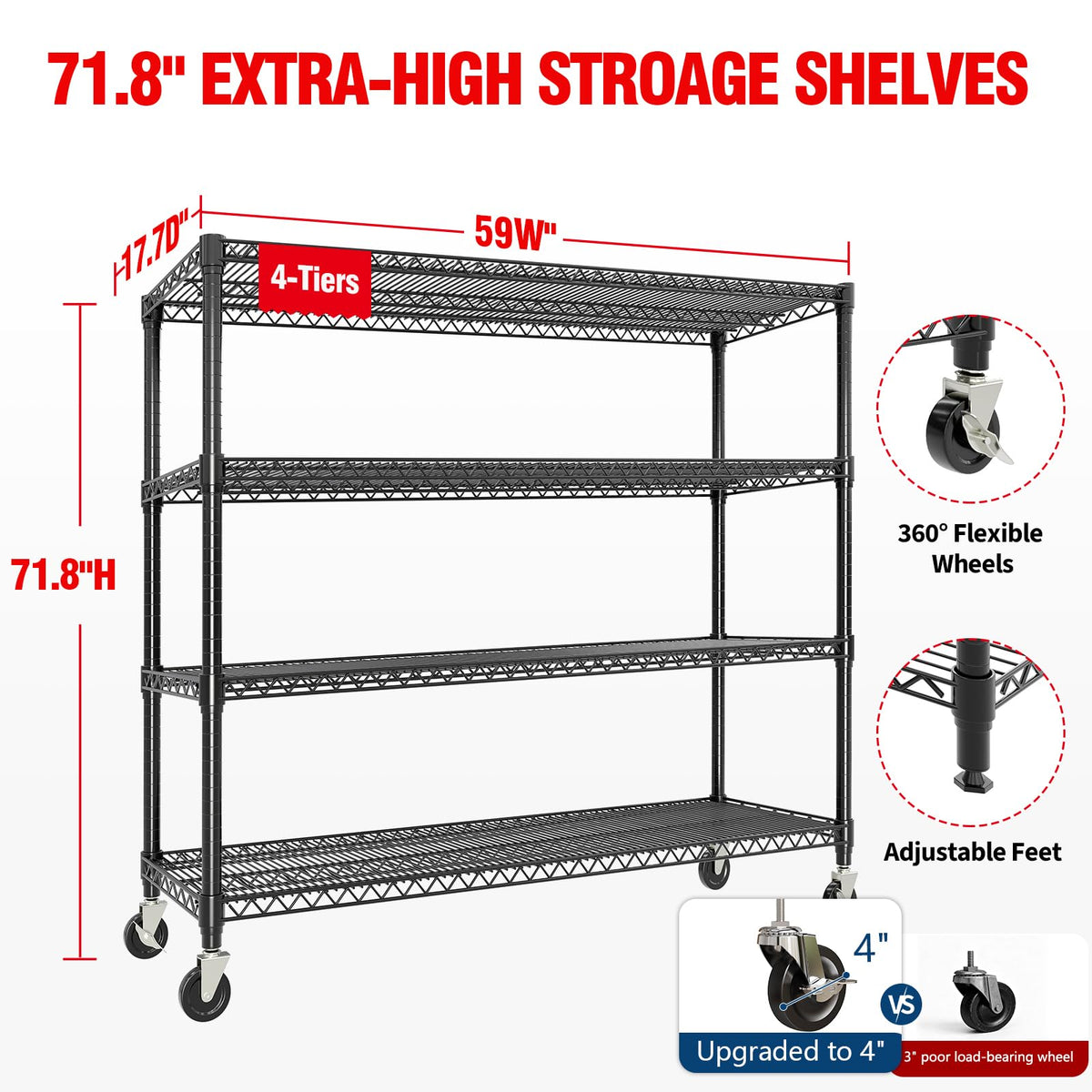 Garvee 71.8"H Metal Shelving with Wheels, 4-Tier Storage Shelves Heavy Duty