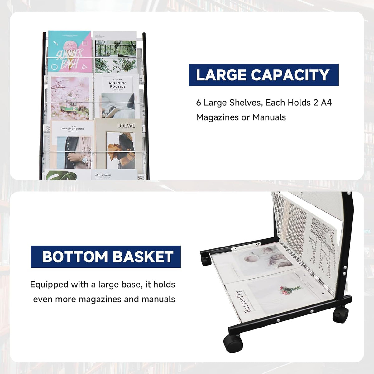 6-Tier Floor-Standing Magazine Rack with Wheels – Perfect Brochure Display Stand for Exhibitions