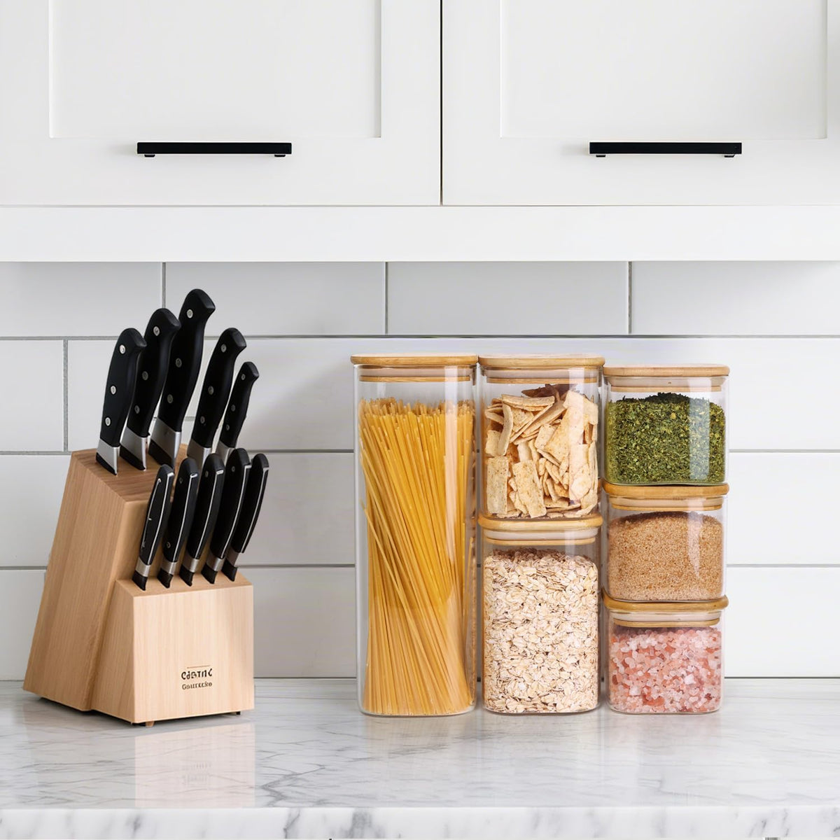 ComSaf Glass Spaghetti Pasta Storage Containers with Lids 2.2 Qt Set of 3, Tall Clear Airtight Food