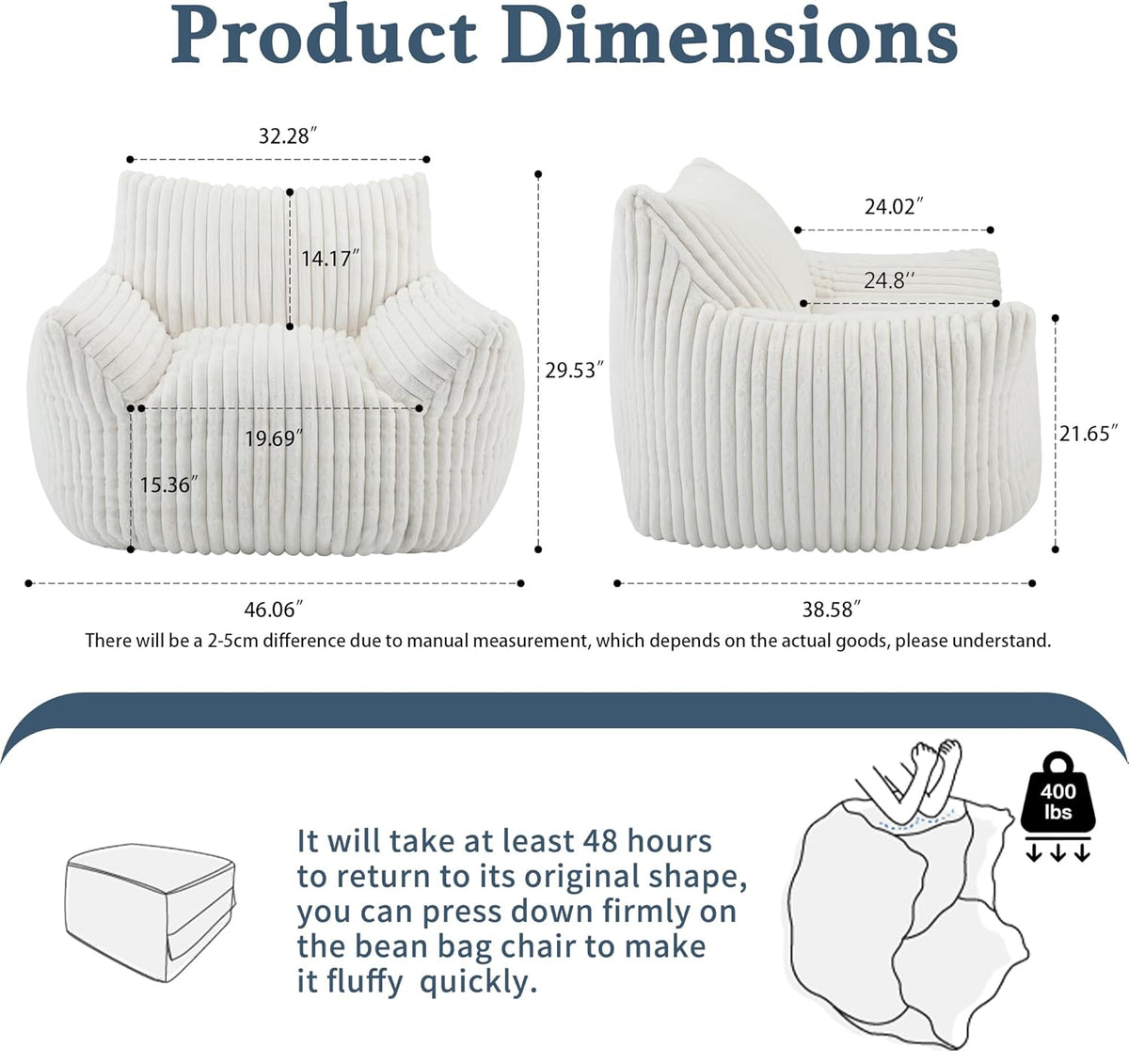 Giant Plush Bean Bag Chair for Adults with Armrests - Oversized Comfy Beige Beanbag Lounge Lazy