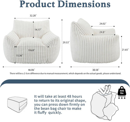 Giant Plush Bean Bag Chair for Adults with Armrests - Oversized Comfy Beige Beanbag Lounge Lazy
