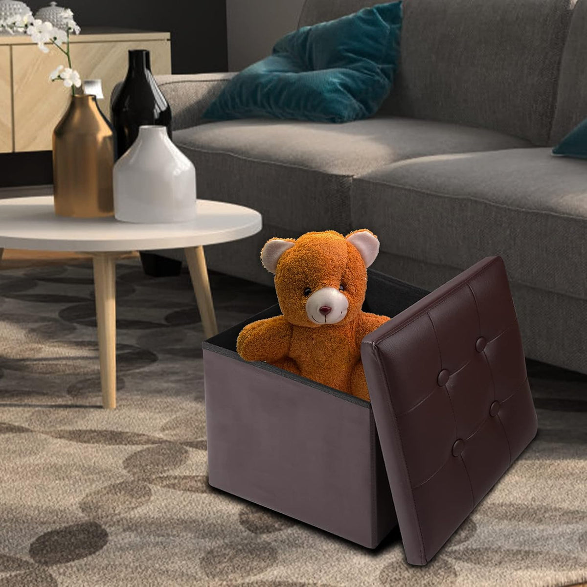 ALASDO Brown Leather Storage Ottoman Footrest Stool, 17x13x13inches, Modern Style