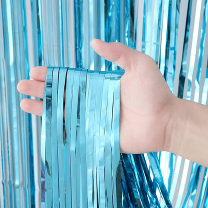 3 Pack 3.3x8.2 Feet Light Blue Foil Fringe Backdrop Curtains, Tinsel Streamers Birthday Party