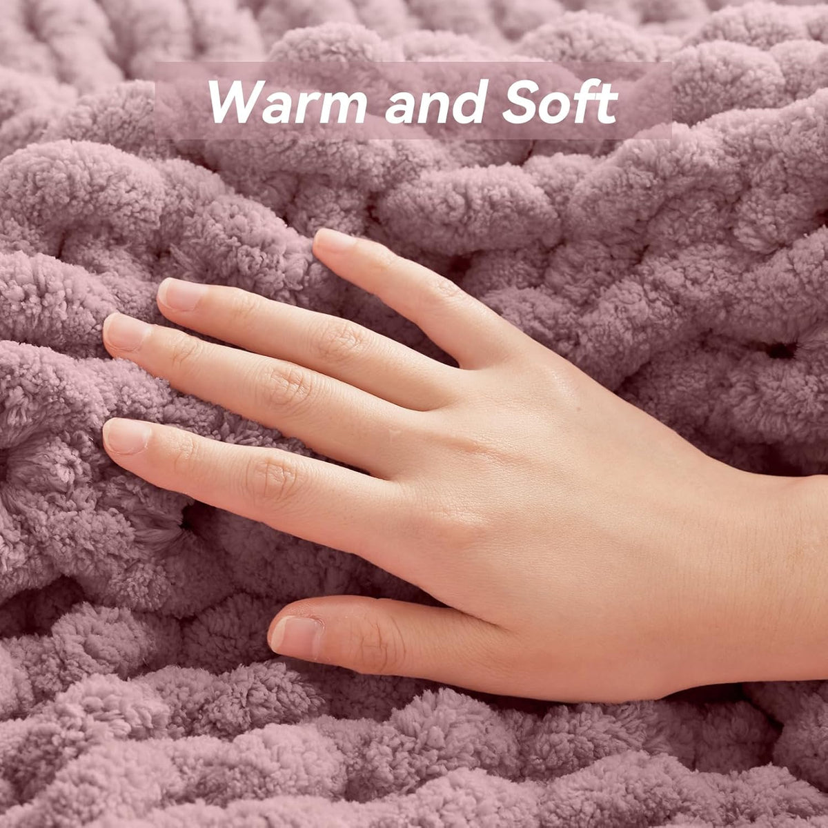 Chunky Knit Throw Blanket, 40''*50'' Knitted Throw Chenille Yarn for Bed Couch, Handmade Muted Pink