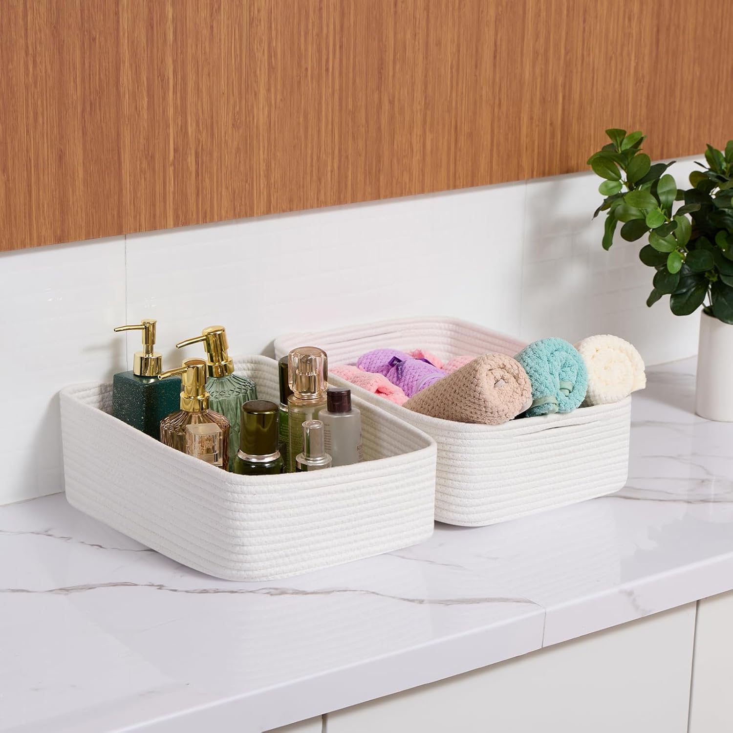 Large Shallow Organizing Baskets 15x11x5.1 Inches - Rope Woven Storage Bins for Bathroom, Shelves