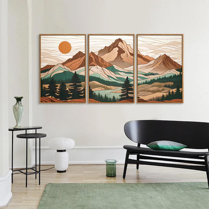 Tinonedraw Mountain Framed Canvas Wall Art Set of 3, Sunrise Forest Woodland Landscape Art Prints