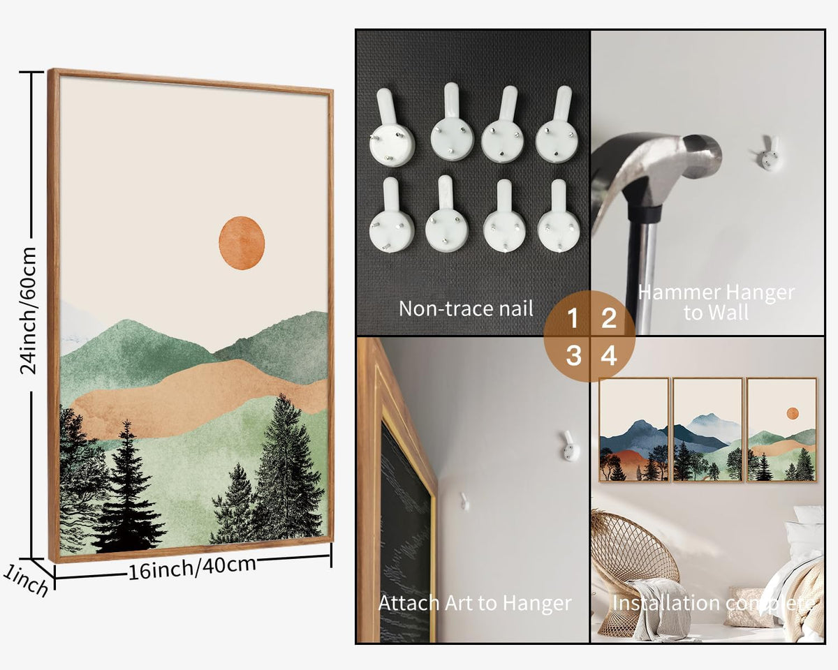 SIGNINART Boho Mountains Framed Canvas Wall Art Set of 3, Watercolor Nature Landscape Art Prints